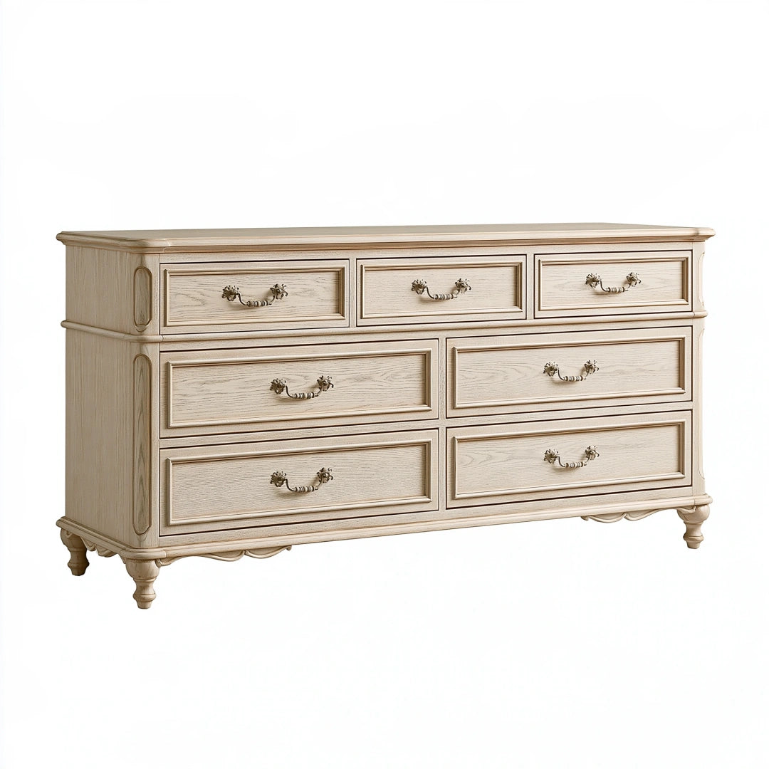 Commode 180 cm en bois beige à 7 tiroirs style classique