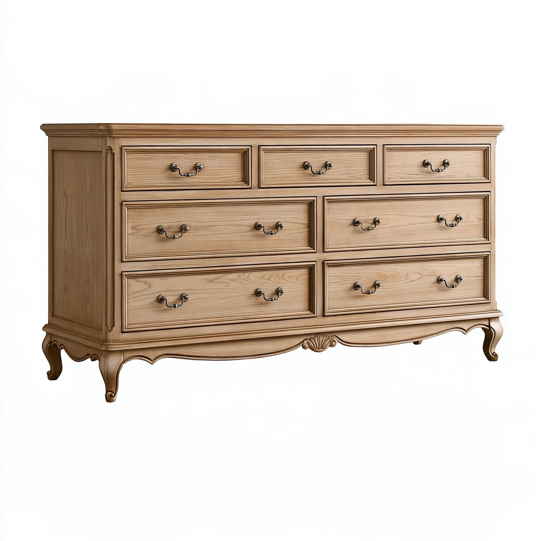 Commode 180 x 50 x 90 cm en bois beige style classique à 7 tiroirs