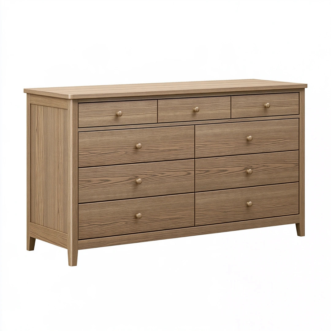 Commode 160 x 45 x 90 cm en bois couleur chêne à 9 tiroirs style classique