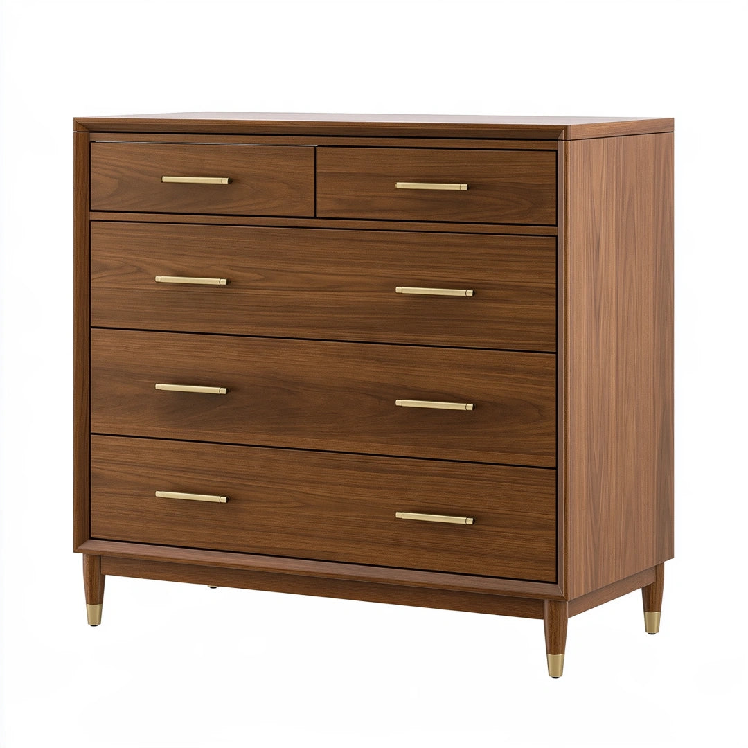 Commode 100 x 45 x 120 cm en bois brun noyer avec 5 tiroirs style moderne
