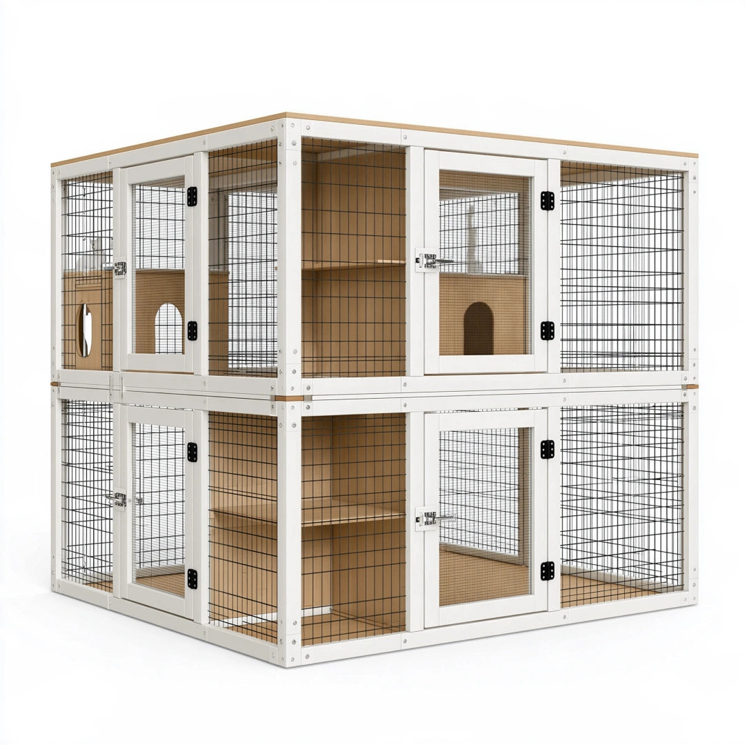 Enclos intérieur pour chats 180 x 90 x 180 cm en bois et métal blanc naturel à 4 compartiments