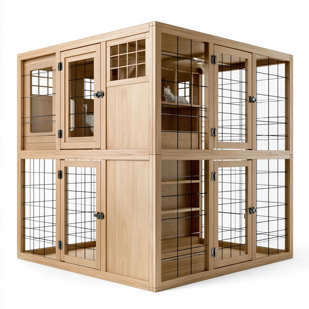 Enclos pour chat 180 x 90 x 180 cm en bois naturel et grillage métallique à deux niveaux