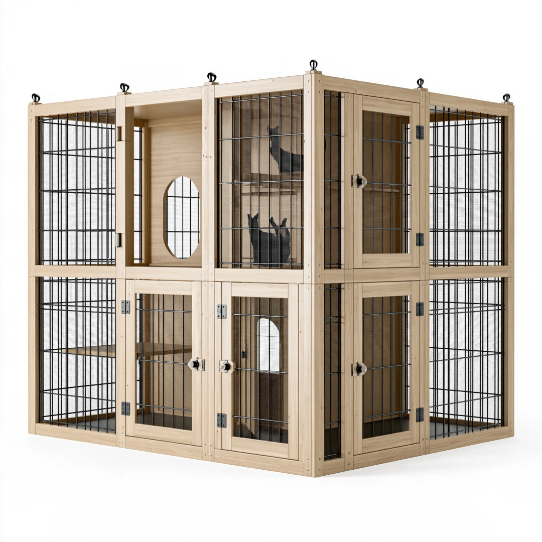 Cage pour chat 120 x 60 x 120 cm en bois naturel et métal à 2 niveaux avec portes