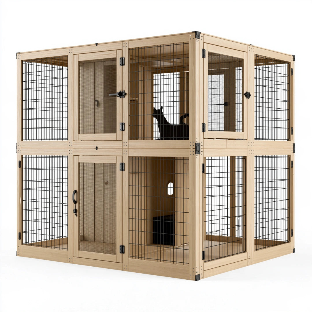 Enclos pour chat 120 x 60 x 120 cm en bois et métal naturel noir à deux niveaux