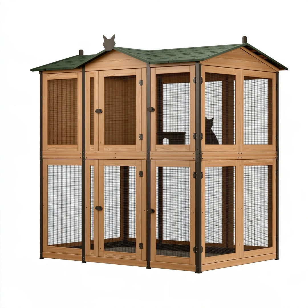 Enclos extérieur pour chats 180 x 120 x 180 cm en bois naturel avec grillage et toit vert