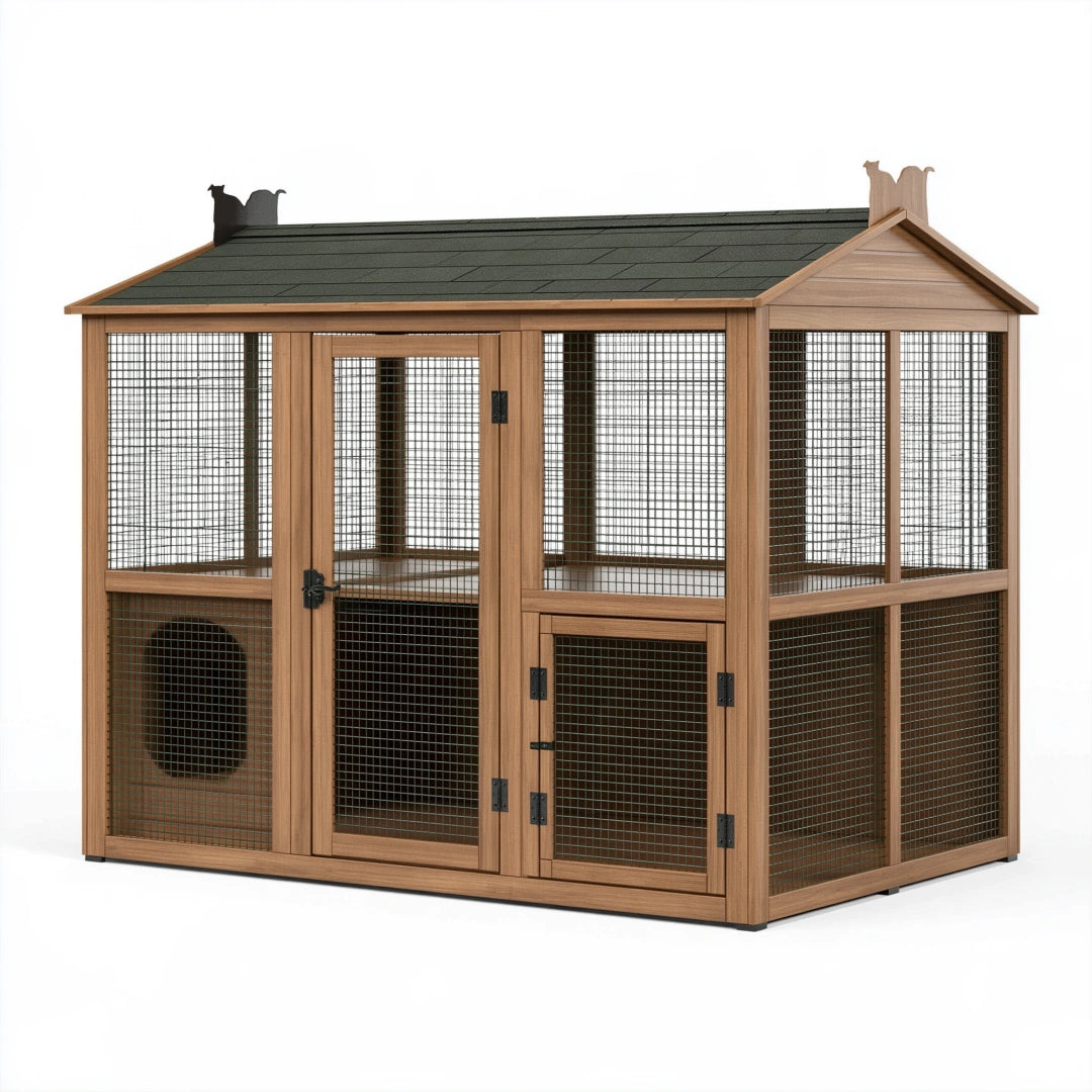 Enclos extérieur pour chat 180 x 100 x 180 cm bois brun avec grillage et toit couvert