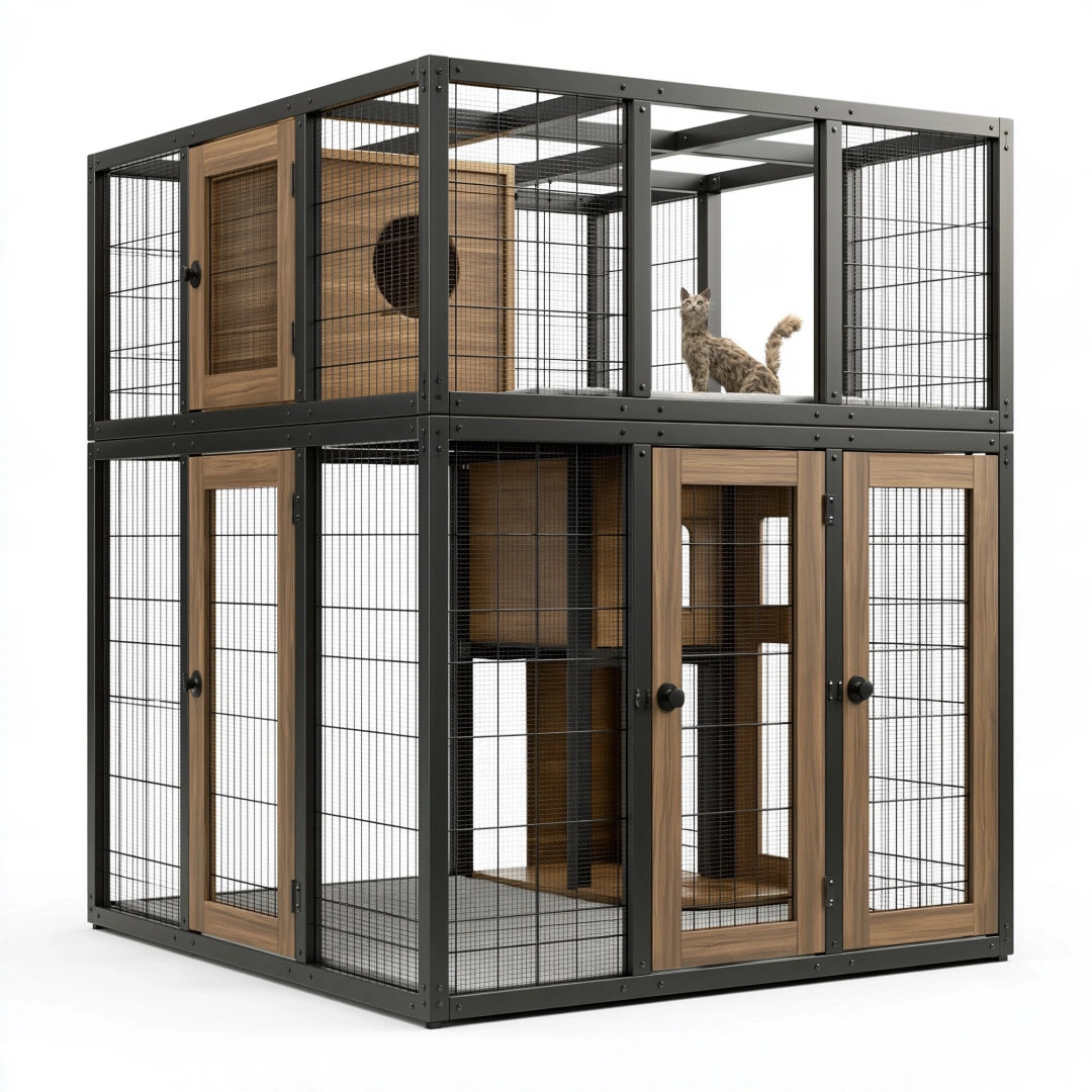 Enclos pour chat 180 x 90 x 180 cm en métal et bois noir/marron avec niveaux
