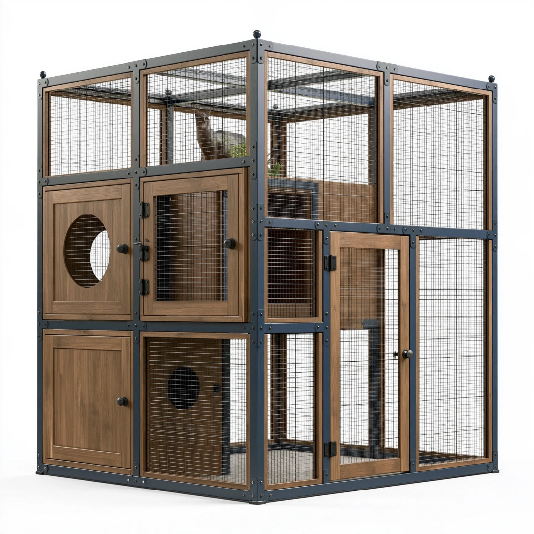 Cage pour chat 120 x 80 x 180 cm en bois et métal marron noir - structure à niveaux avec grillage