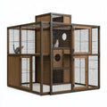 Enclos pour chat 180 x 100 x 180 cm en métal et panneaux effet bois marron avec grilles et niches