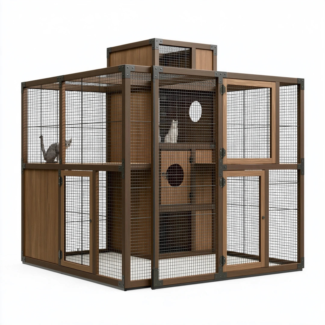 Enclos pour chat 180 x 100 x 180 cm en métal et panneaux effet bois marron avec grilles et niches