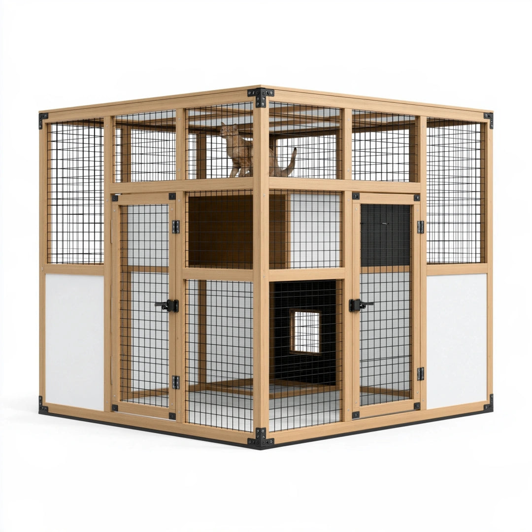 Enclos pour chat 180 x 120 x 180 cm en bois naturel et métal noir à deux niveaux