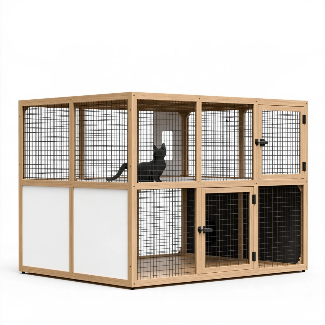 Enclos intérieur pour chat 180 x 90 x 150 cm en bois naturel et grille métallique avec portes verrouillables