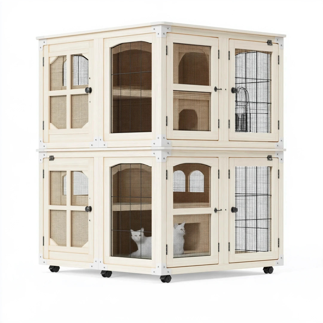 Enclos pour chats 140 cm en bois beige avec grillage métallique sur roulettes