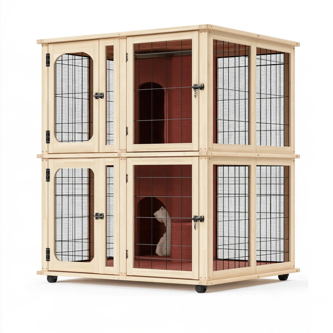 Cage pour chat 110 x 60 x 120 cm en bois naturel et métal à deux niveaux sur roulettes