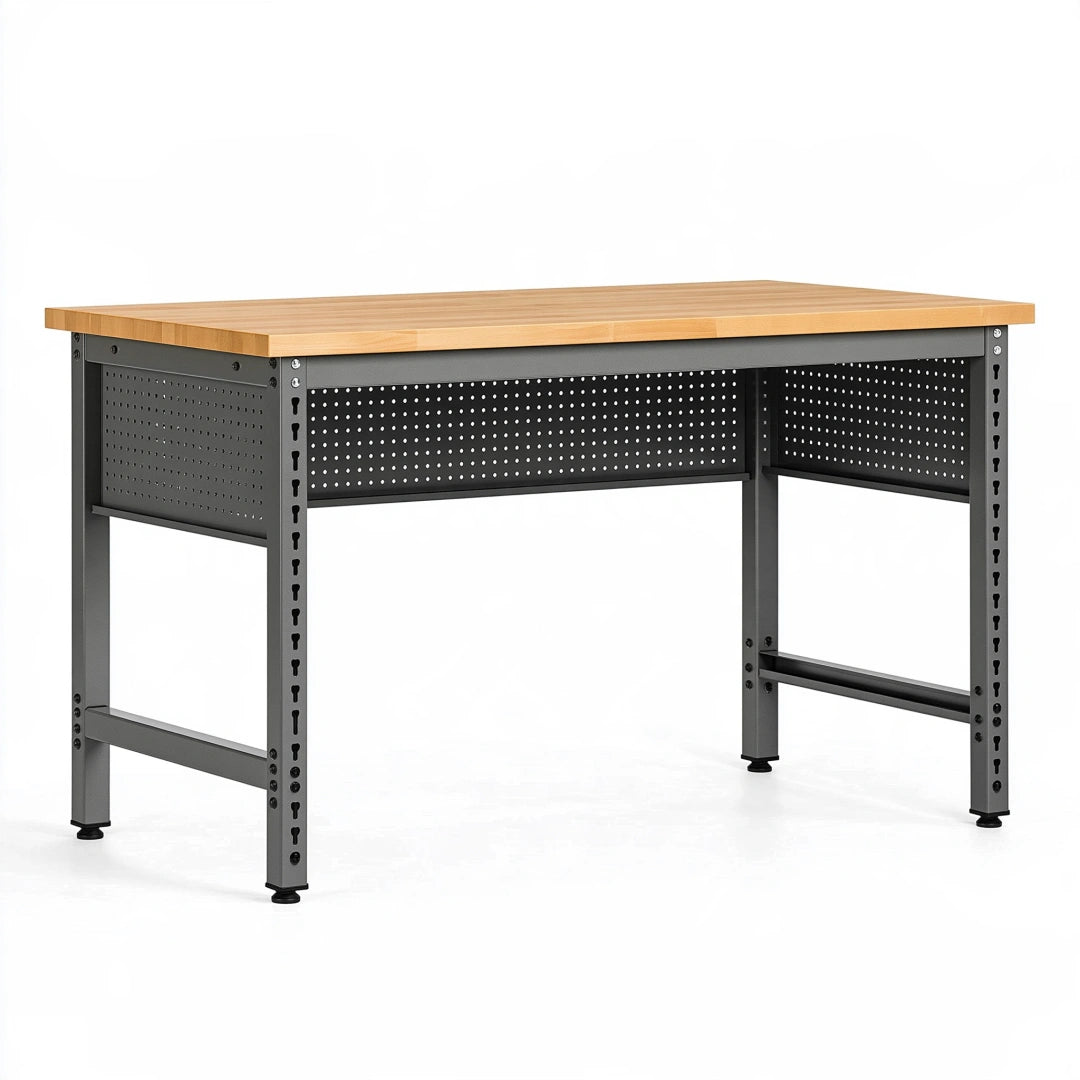 Établi 120 x 60 x 90 cm plateau en bambou et acier noir pour atelier réglable