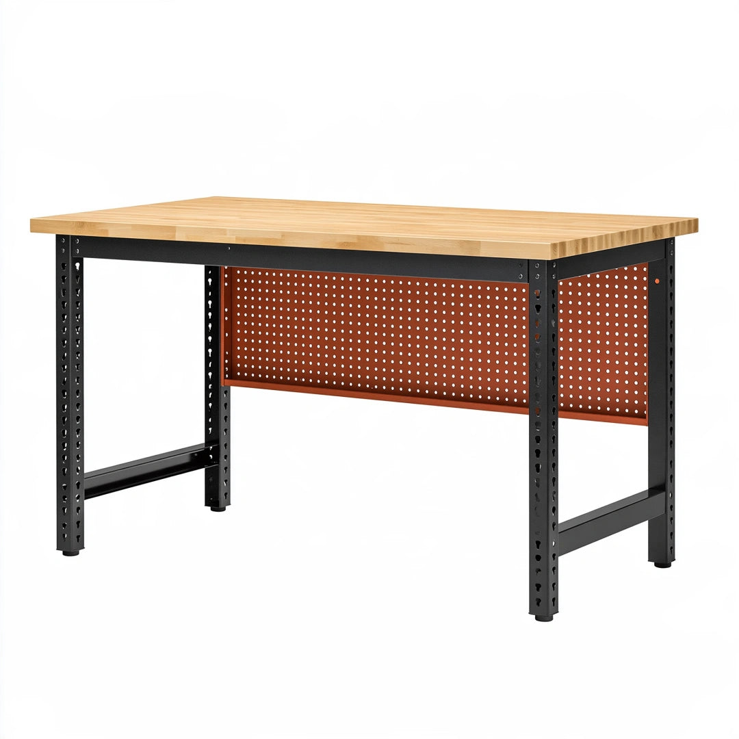 Établi 120 x 60 x 90 cm en bois et acier noir avec panneau perforé industriel