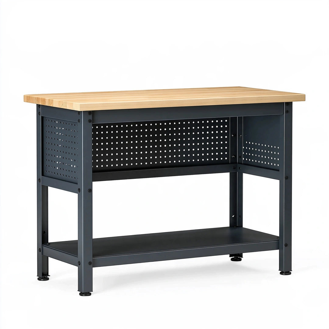 Établi 120 x 60 x 90 cm en bois et métal noir avec étagère style industriel