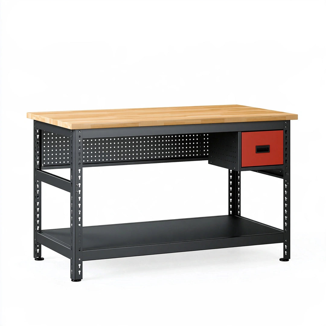 Établi d'atelier 120 x 60 x 90 cm en acier noir et bambou avec tiroir rangement industriel