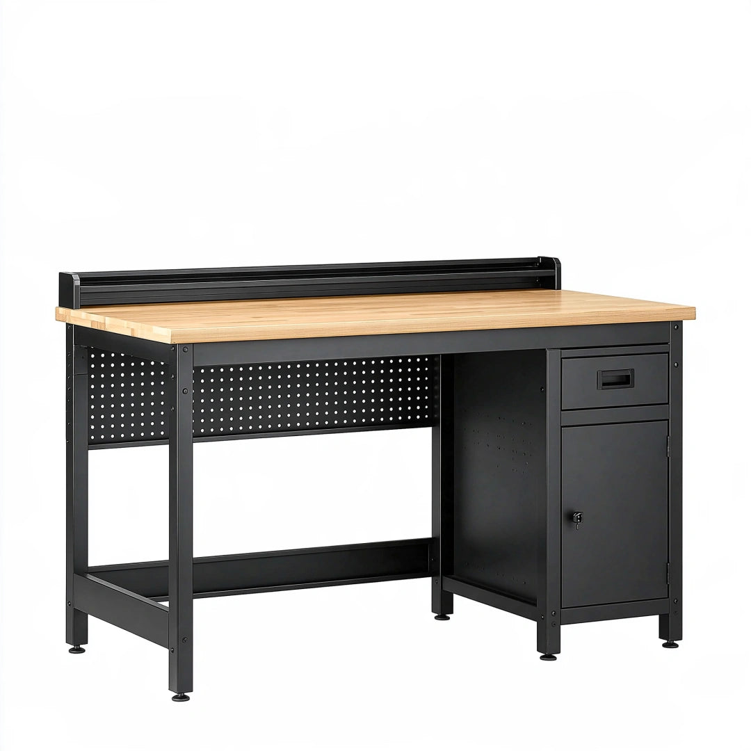 Établi 120 x 60 x 95 cm en acier noir et bois avec rangement industriel