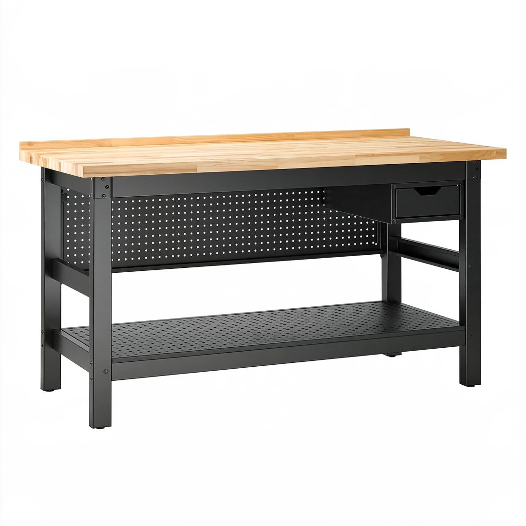 Établi 120 x 60 x 90 cm en bois et acier noir avec tiroir style industriel