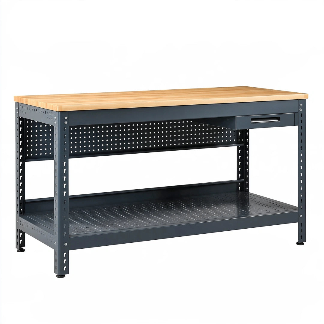 Établi d'atelier 120 x 60 x 90 cm en acier noir et bois avec tiroir et panneaux perforés