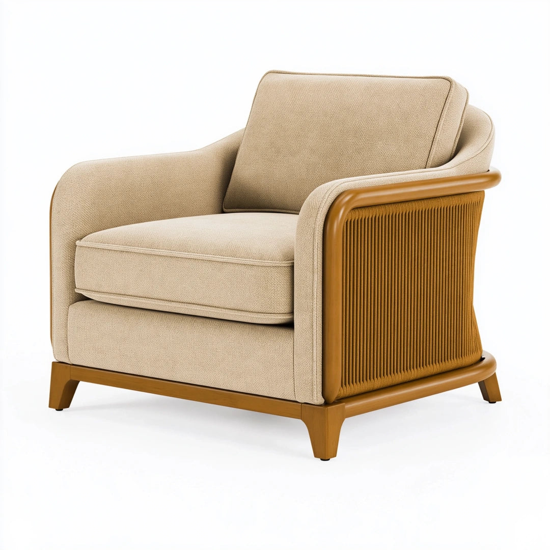 Fauteuil 90 x 88 x 86 cm en tissu beige et bois marron - accoudoirs tressés style contemporain