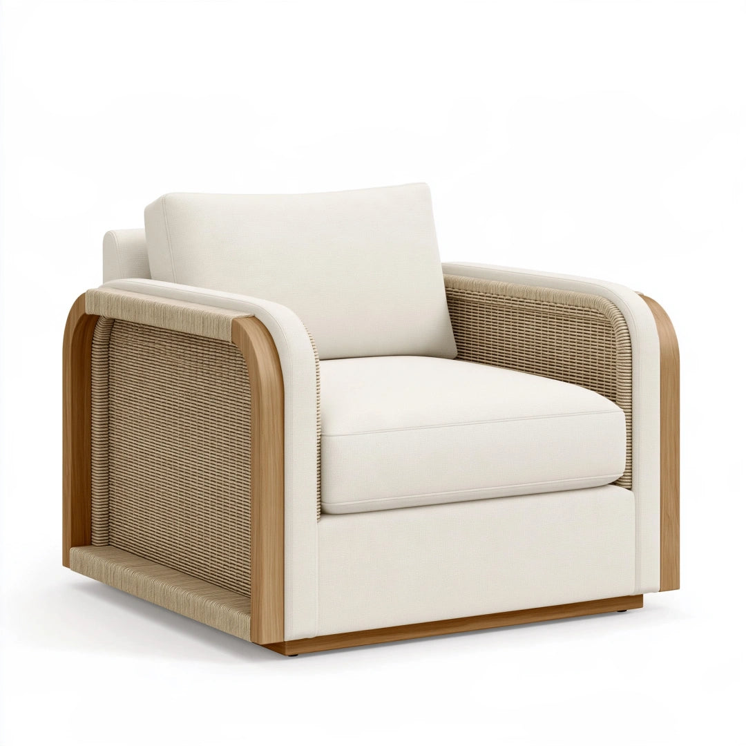 Fauteuil 85 x 82 x 78 cm en bois rotin tressé et tissu écru style contemporain