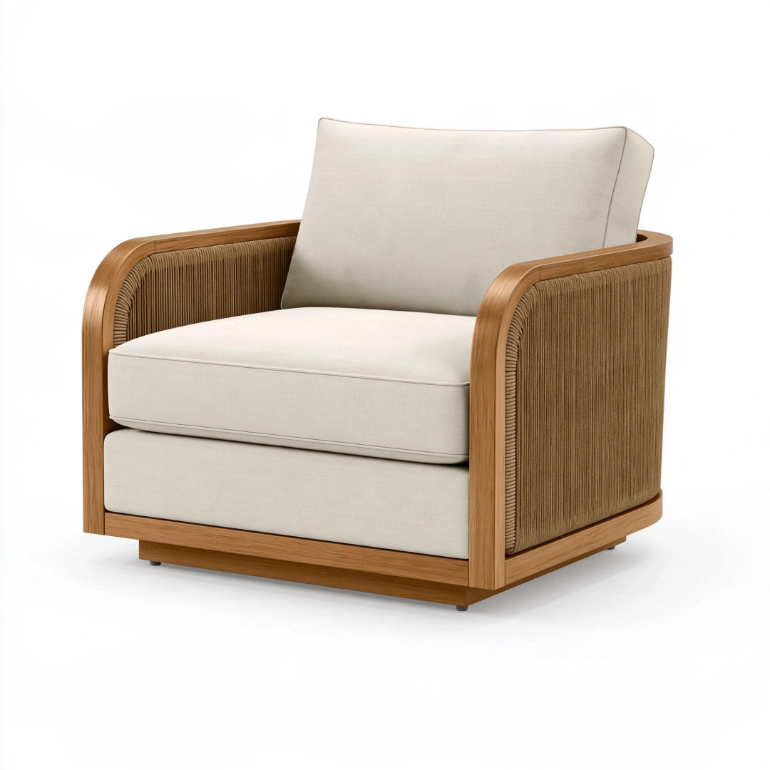 Fauteuil 80 cm en bois beige avec corde tressée style contemporain