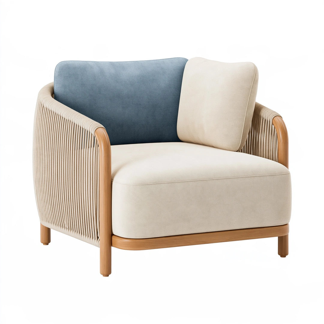 Fauteuil 90 x 85 x 78 cm en tissu beige bleu et bois avec accoudoirs en corde style contemporain
